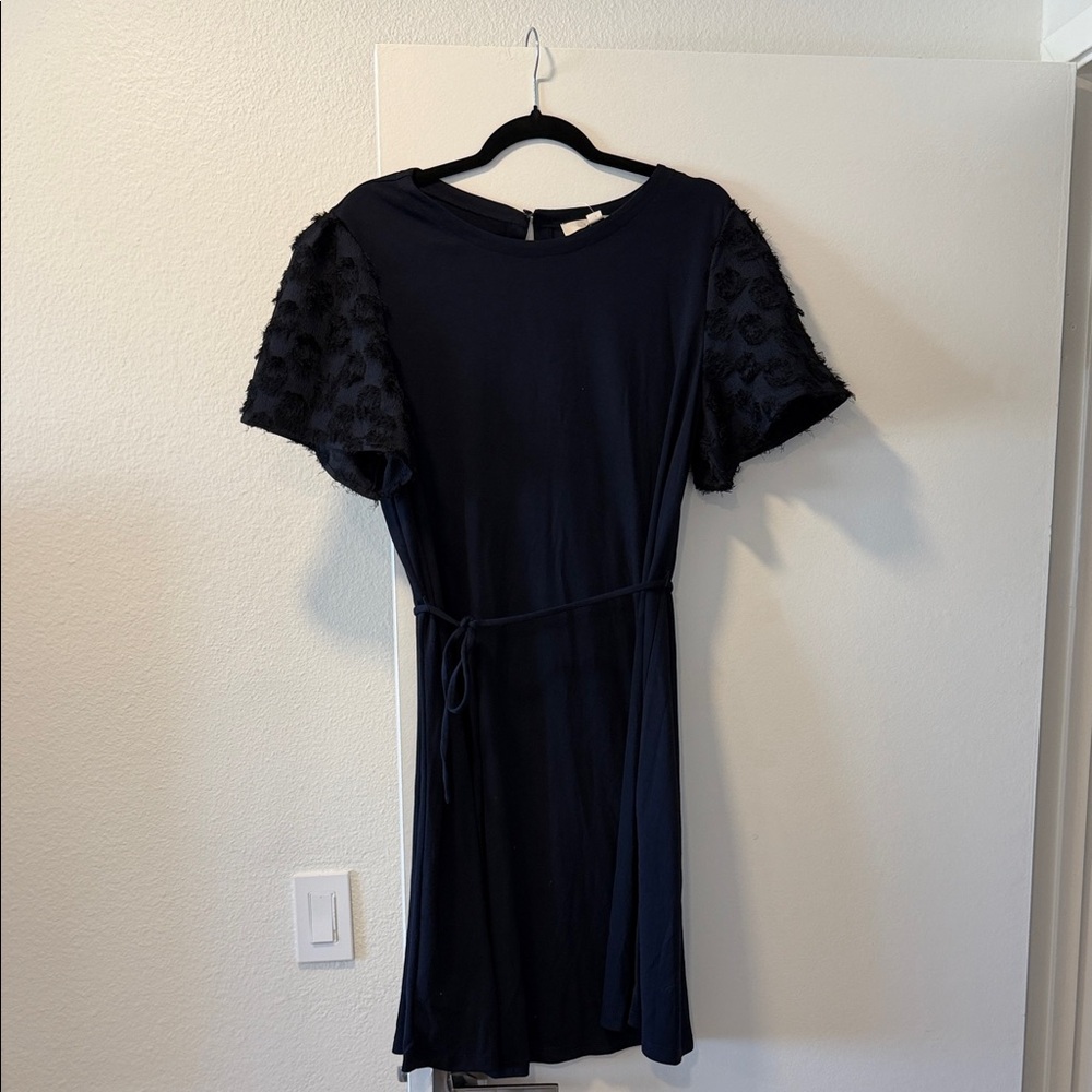 LOFT Navy Dress with Textured Sleeves